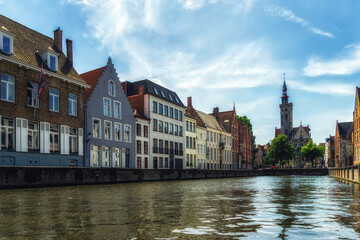 Naklejka premium Van Eyck Square from the boat in the canal, Bruges Belgium.