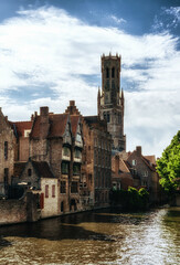Bruges, Belgium. Historical houses and Belfry tower.