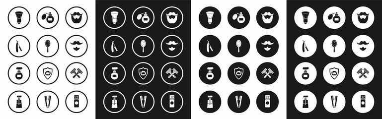 Set Mustache and beard, Hand mirror, Straight razor, Shaving brush, Aftershave, Crossed shaving and Cream lotion cosmetic tube icon. Vector