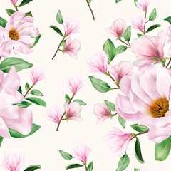 Fototapeta na wymiar Magnolia Watercolor Flower Seamless Pattern