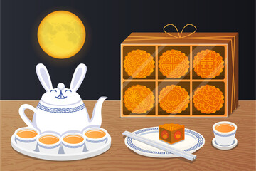 illustration vector flat cartoon top view of mooncake on table with tea pot and wood tradition maker on sale voucher