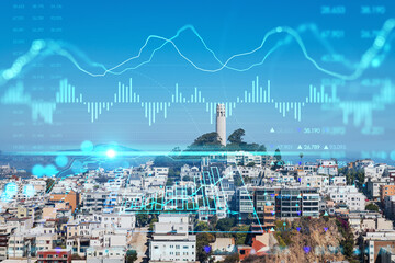 Fototapeta na wymiar Panoramic cityscape view of San Francisco, day time, Coit Tower and Telegraph Hill, California, US. Forex graph, charts hologram. The concept of internet trading, brokerage and fundamental analysis