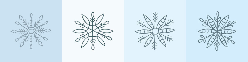 A set of hand-drawn snowflakes. Vector illustration in doodle style. Winter mood. Hello 2023. Merry Christmas and Happy New Year. Gray elements on a light blue background.