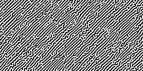 Turing reaction diffusion monochrome seamless pattern with directional motion. Natural background with organic structures. Vector illustration of chemical morphogenesis concept. Curvy doodle labyrinth