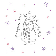 Cute snowman with purple and pink snowflakes on a white background. Vector illustration in doodle style. Winter mood. Hello 2023. Merry Christmas and Happy New Year.