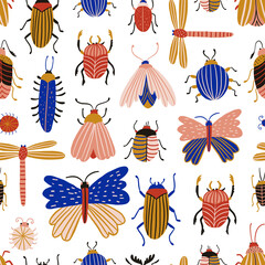 Collection of insects. Butterflies, dragonflies and beetles isolated on the white background. Seamless pattern design for fabrics or wallpapers. Vector  Illustration.