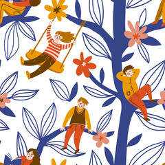 Children rest, read, swing on a swing in the green of a tree. Vector seamless pattern design in hand-drawn style. Kids repeat print for fabric or wallpaper.