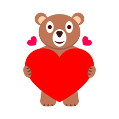 The cartoon bear is holding and hugging a big red heart. Vector illustration, drawing, clipart on a white background.