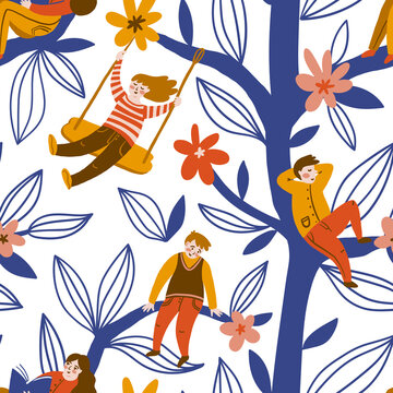 Children rest, read, swing on a swing in the green of a tree. Vector seamless pattern design in hand-drawn style. Kids repeat print for fabric or wallpaper. © Utro na more