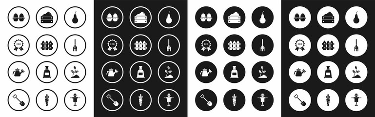 Set Pear, Garden fence wooden, Banner, label, tag, logo for eco, Chicken egg in box, rake, Wooden with harvest, Sprout and Watering can icon. Vector