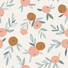 Fruit seamless pattern in neutral pastel colors. Vector hand-drawn orange repeat background. Tropical garden print design. - 515135536