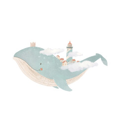 Beautiful baby clip art composition with cute watercolor flying whale and lighthouse. Children stock illustration.
