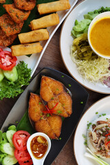 Top view of thai style food on table background