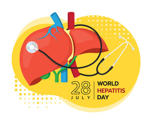 world hepatitis day - red liver with stethoscope roll around on yellow background vector design