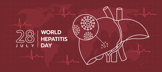world hepatitis day - hands white line liver with withcell inflammation zoom in circle on red brown map world texture background vector design