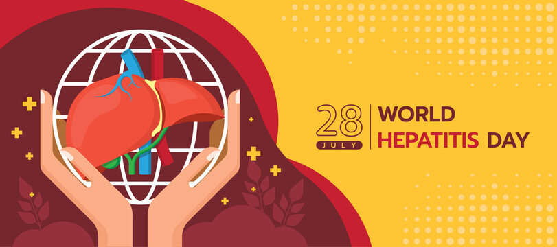 world hepatitis day - hands white line liver with on red brown map world texture background vector design