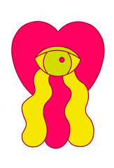 Faces in trippy acid rave style in heart form with eye isolated on white. Psychedelic quirky cartoon face. Urban graffiti style vector design element