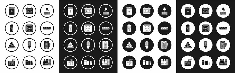 Set Solar energy panel and sun, Electrical outlet, Battery, Power bank, extension cord, Car battery, and High voltage sign icon. Vector