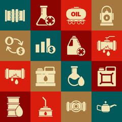 Set Canister for motor machine oil, Oil railway cistern, Pie chart infographic and dollar, exchange, transfer, convert, Industry metallic pipes valve and Antifreeze canister icon. Vector
