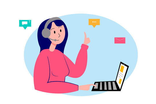 Young girl talking with client using webcam. Online help, consultation concept. illustration.