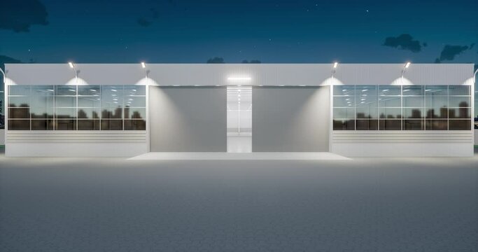 3d rendering of commercial building design with opening slinding door at night. May called airplane hangar, modern factory, warehouse. Include empty space, concrete floor for industrial background.
