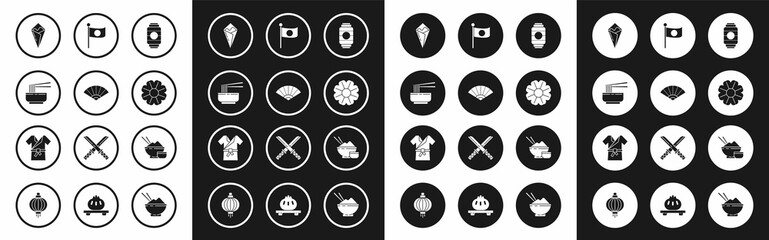 Set Japanese paper lantern, Paper chinese or japanese folding fan, Asian noodles bowl and chopsticks, Temaki roll, Flower, National flag of on pole, Rice with and costume Kimono icon. Vector