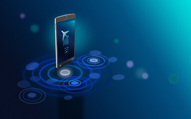 Smartphone with Air Travel Icon Stands on Futuristic Background