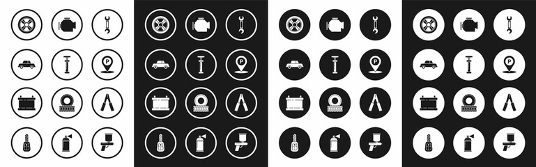 Set Wrench, , Car, wheel, Location with parking, Check engine, battery jumper power cable and icon. Vector