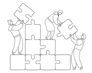 People connecting puzzle pieces. Teamwork, business and collaboration concept. Vector outline illustration