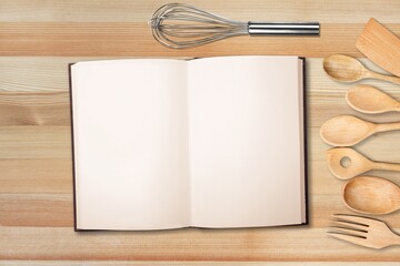 Open blank cookbook. Antique recipe book on the table.