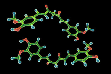 Curcumin molecule, a yellow-orange dye obtained from turmeric, 3D illustration