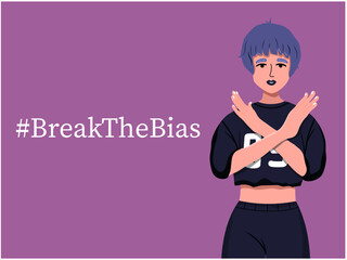 Break the bias. The girl keeps her arms crossed. Modern illustration. Lilac background. Character. No prohibitions