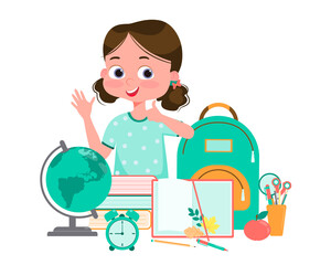 Happy cute girl studying on cute table. The child is ready for school. Backpack, globe, books, alarm clock and other school supplies. Back to school