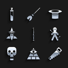 Obraz premium Set Magic wand, Masons, Hand saw, Voodoo doll, Skull, Wizard warlock, Magician hat and Bottle with love potion icon. Vector