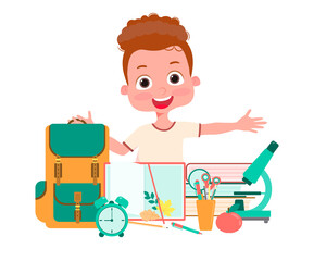 Obraz na płótnie Canvas Happy cute boy studying on cute table. The child is ready for school. Backpack, microscope, books, alarm clock and other school supplies. Back to school. Cartoon vector illustration isolated on white 