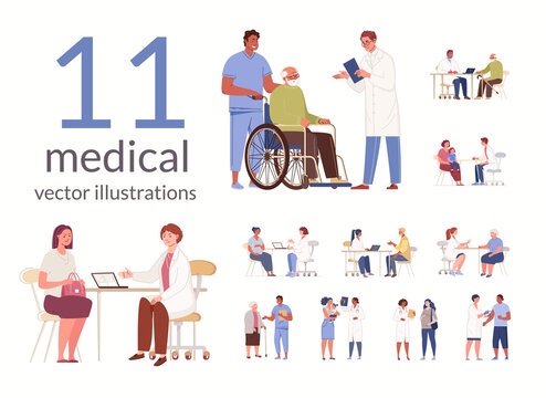 Collection of scenes with doctor and patient. Medical diagnostics, consultations, treatment. Improvement of adults and children. Family medicine. Vector characters flat cartoon illustration.
