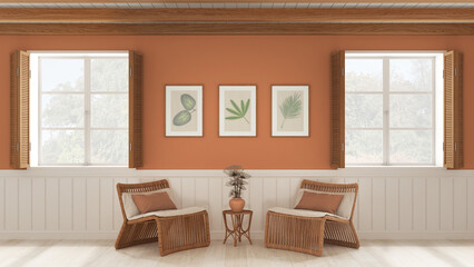 Fototapeta premium Living room background, sitting waiting room in white and orange tones. Windows with wooden shutters and beam ceiling, rattan armchairs with table. Parquet, interior design