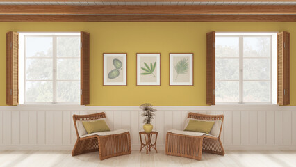Living room background, sitting waiting room in white and yellow tones. Windows with wooden shutters and beam ceiling, rattan armchairs with table. Parquet, interior design