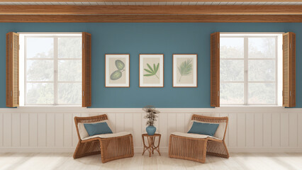 Living room background, sitting waiting room in white and blue tones. Windows with wooden shutters and beam ceiling, rattan armchairs with table. Parquet, interior design
