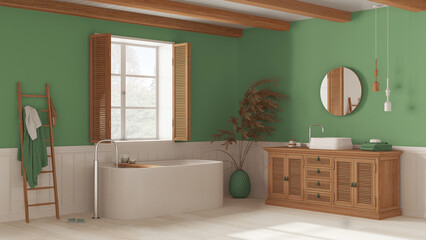 Vintage bathroom in white and green tones, rattan wooden washbasin, bathtub, chest of drawers, mirror, towel rack and decors. Parquet, window with shutters. Modern interior design