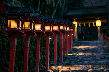 Fantastic lanterns at Kifune Shrine in Kyoto, Japan at night