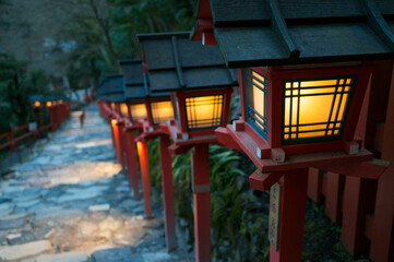 Fantastic lanterns at Kifune Shrine in Kyoto, Japan at night