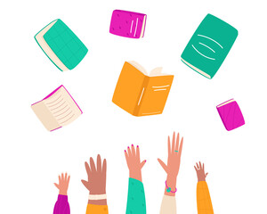Books fly from top to bottom into the hands of buyers. Book sale advertisement. The concept of the hands of different people are reaching for books, knowledge. Flat vector illustration.