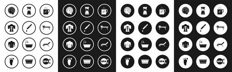 Set Cup of tea and leaf, Pipette, Massage stone therapy, Sauna thermometer, table, Old hourglass, Sunbed umbrella and icon. Vector