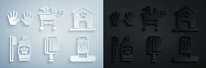 Set Hair brush for dog and cat, Dog house paw print, Dental hygiene pets, Cat scratching post, Pet stroller and Medical rubber gloves icon. Vector