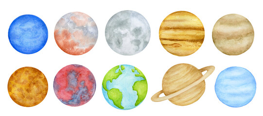 Watercolor planets of the solar system. Outer Space planet Mercury Venus Earth Mars Jupiter Saturn Uranus Neptune Pluto with Sun hand on white background.