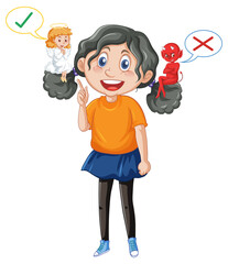 Cartoon character with devil and angel fighting in thought