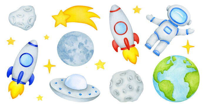 Watercolor space clip art. Astronaut in space. Spaceship, roket and stars