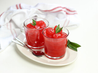 Manisan Kolang-Kaling, or preserved sugar palm fruit, tinted red, a traditional Indonesian typical refreshment and dessert during Ramadan month and in Idul Fitri or Hari Raya