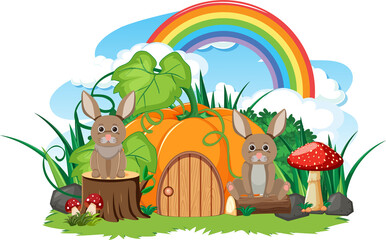 Obraz na płótnie Canvas Rabbit group with pumpkin house